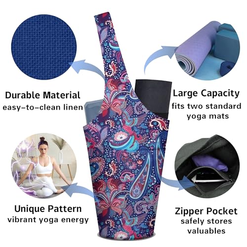 Yoga Mat Bag Carrier for Women with Side Large Pocket Durable Linen Workout Gym Travel Storage Pilates Mats - color: Boho Paisley