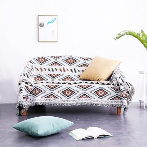 Luxlovery Beige Bohemian Sofa Throw Blankets Ethnic Woven Boho Geometric White and Khaki Throw Blanket for Couch Aztec Bed Throws Oversized Chair Sofa Cover with Tassels(70"x90") - color: Mocha, size: 70"x90",180x230cm