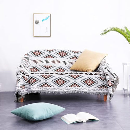 Luxlovery Beige Bohemian Sofa Throw Blankets Ethnic Woven Boho Geometric White and Khaki Throw Blanket for Couch Aztec Bed Throws Oversized Chair Sofa Cover with Tassels(70"x90") - color: Mocha, size: 70"x90",180x230cm