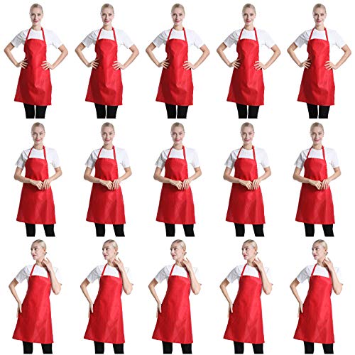 Red Plain Bib Aprons Bulk for Women Men Adult with 2 Front Pockets(Red,15 PCS) - color: Red-15pcs