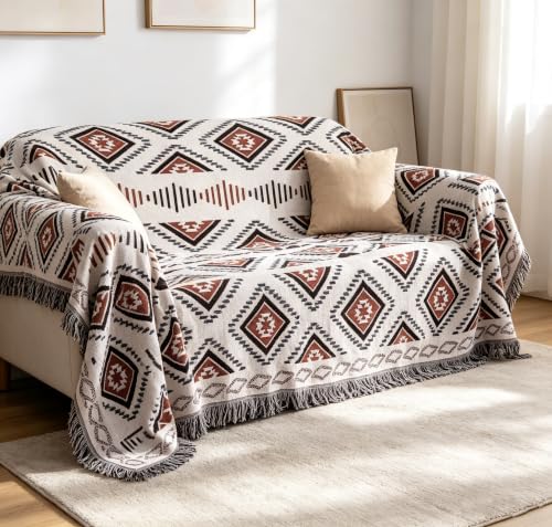Luxlovery Beige Bohemian Sofa Throw Blankets Ethnic Woven Boho Geometric White and Khaki Throw Blanket for Couch Aztec Bed Throws Oversized Chair Sofa Cover with Tassels(51"x70") - color: Mocha, size: 51"x70",130x180cm