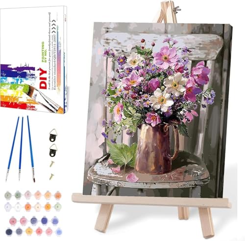 MIRCVSH Paint by Numbers for Adults Framed,Flowers DIY Oil Painting by Numbers on Canvas with Easel,Paint by Numbers Kits with Frame and Color Box Packaging12x16 Inch - color: MT11114-Framed