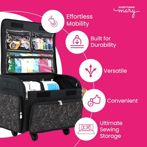 Everything Mary 4 Wheels Collapsible Deluxe Sewing Machine Storage Case - Rolling Trolley Carrying Bag for Brother, Singer - color: Grey Floral