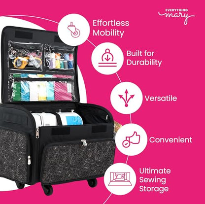Everything Mary 4 Wheels Collapsible Deluxe Sewing Machine Storage Case - Rolling Trolley Carrying Bag for Brother, Singer - color: Grey Floral