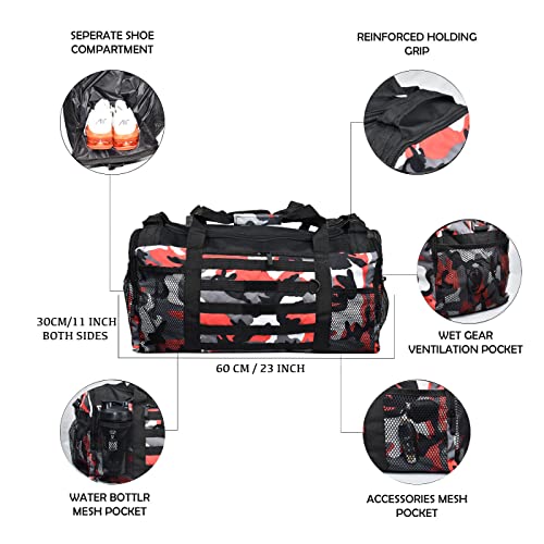 Beast Power Gear Gym Duffle Bag- Workout, Boxing, MMA, Sports Bag with Shoes Compartment and Adjustable Shoulder Strap for Men and Women (Red Camo) - color: Red Camo