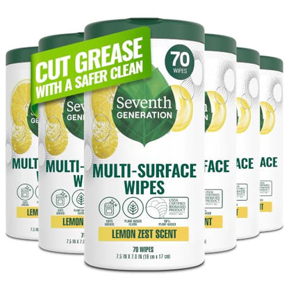 Seventh Generation Multi Surface Wipes All Purpose Cleaning Lemon Zest scent with 100% Essential Oils and Botanical Ingredients 70 count, Pack of 6 - size: 70 Count (Pack of 6)