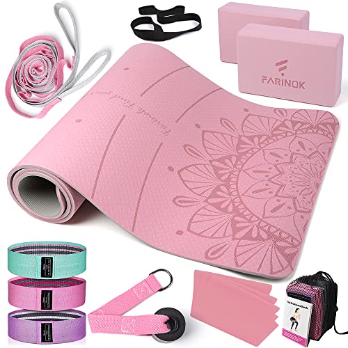 1/3 Yoga Mat Thick, Yoga Set for Beginners | Include High Density Mat with Multi-loops Strap, Blocks, Booty Resistance Band Set, Door Anchor, Carring Bag & Strap - color: PINK&GREY