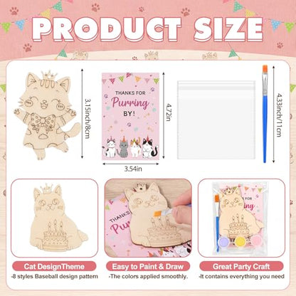 Saypacck 24 Pcs Cat Party Favors Wooden Paint Craft Kits | Cute Cat Designs, Includes Paints Brush Bag, For Girls Cowgirl Theme Goodie Bag Fillers, DIY Thank You Gifts - style: Cat
