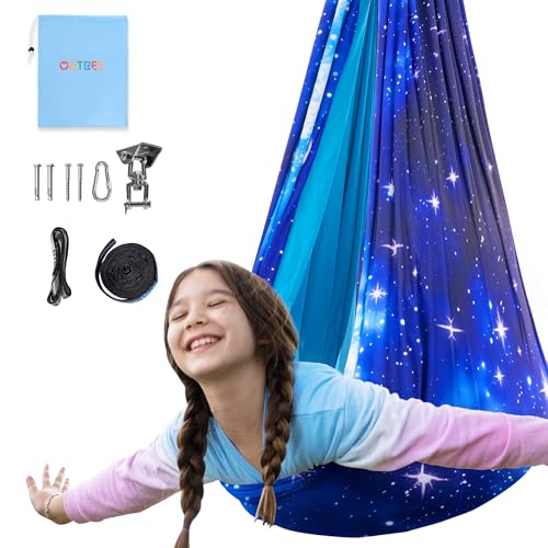 OUTREE Sensory Swing for Kids, Double Layer Therapy Hammock, Indoor Swing with 360° Swivel Hanger Kit and Adjustable Straps, Autism Sensory Product for Autism, ADHD (Blue Starry-Sky Printed) - color: Blue