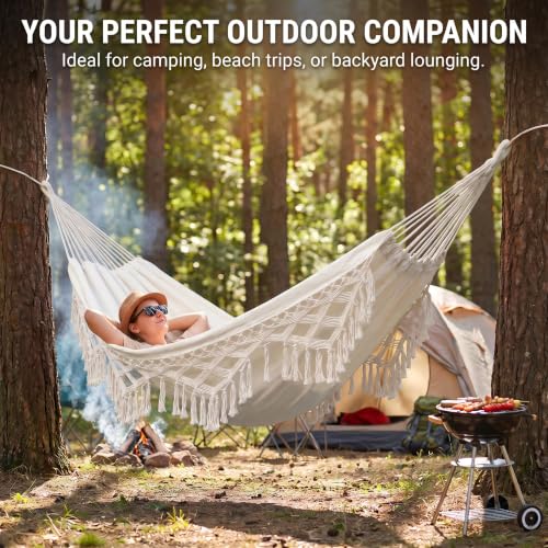 Canvas Hammock 122" Long X 59" Wide 2 Person Hammock 440 pounds Maximum Weight Applicable Scenes in Courtyard Autumn, Indoor Hanging Chairs, Beach Leisure (White Tassels, Full) - color: White Tassels, size: Full