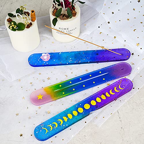 NiArt Incense Stick Holder Silicone Mold, Moon Resin, 10 Inch, 3 Designs | 3 Designs with Stars and Plain, 10 Inch Long, Easy Release, BPA-Free, Reusable, Heat Resistant, Fits Epoxy, Clay, Concrete - style: Incense Stick Holder