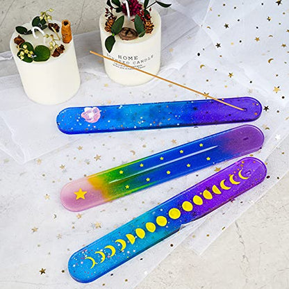 NiArt Incense Stick Holder Silicone Mold, Moon Resin, 10 Inch, 3 Designs | 3 Designs with Stars and Plain, 10 Inch Long, Easy Release, BPA-Free, Reusable, Heat Resistant, Fits Epoxy, Clay, Concrete - style: Incense Stick Holder