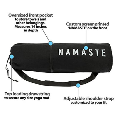 Masaya Namaste Large Yoga Mat Bag - Fits Exercise Mats, Drawstring Carrier for Men Women, Long Breathable Canvas Sling, Deep Front Pocket Zipper, Secret Storage, Adjustable Shoulder Strap