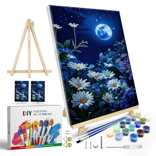 JOOZ Paint by Numbers Kit for Adults with Frame, Moon Paint by Number with Easel, DIY Starry Sky Flowers Oil Painting by Numbers, Easy Adult Paint by Number Kits on Canvas for Wall Decor 8x12 Inch - color: Moon Flowers 261