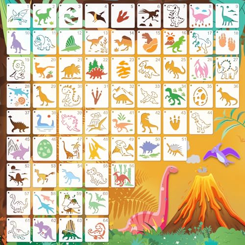 Dinosaur Stencils for Painting, 64 Pcs 3 Inch for Cards Rocks Kid Art | Reusable & Easy to Clean, Prehistoric Dino Accents, Gift Tags, Journals, Scrapbooks, Beginner Friendly - color: Dinosaur