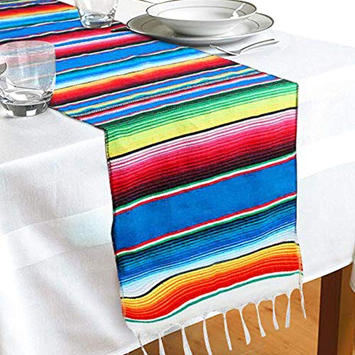 Mexican Table Runner 14 x 84 Inch Mexican Serape Table Runner for Mexican Party Wedding Decorations, Fringe Cotton Table Runner - color: Blue, size: 14 x 84 Inch