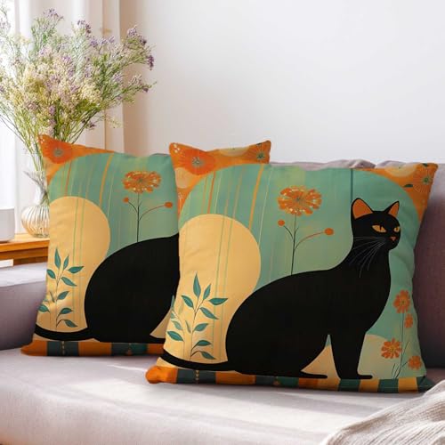 Black Cat Throw Pillow Covers 18x18 Set of 2 | Mid Century Modern Decorative Cushion Covers | Retro Cat Pillowcases for Sofa Couch Bed Living Room Bedroom Home Decor - color: Cat Art