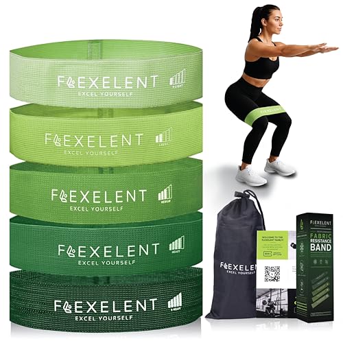 Flexelent Short Fabric Resistance Bands for Working Out, 5 Strength Levels - color: Short Green Set