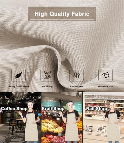 Kitchen Bib Apron with Pockets, Women Men Adjustable Neck Strap Water Resistant Apron for Chef Artist Waiter - color: Khaki