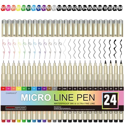 24 Pack Micro Pens, 12 Colors & 12 Black in 0.23mm - 5mm, Waterproof Archival Ink, Fine Point Pen for Artist Illustration, Sketching, Anime, Manga and Technical Drawing - color: 24 Pack (12 Colors & 12 Size)