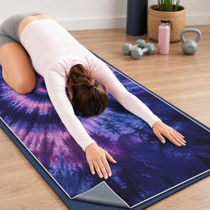 Yoga Mat Towel Non Slip Ultra-Absorbent Hot Yoga Towel, Super Stylish Printed Sweat Hot Yoga Towel, Ideal for Home, Workouts, Pilates, Yoga, 72 x 27in, Purple & Black Tie Dye - color: Purple & Black Tie Dye
