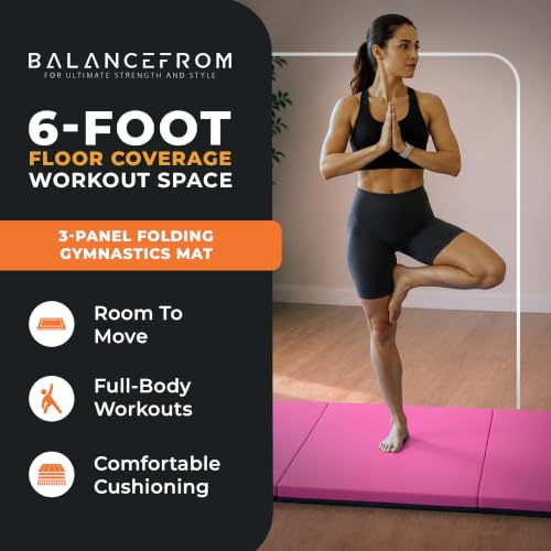 BalanceFrom 6x2 Feet 3-Panel Folding Gymnastics Mat – 2-Inch Thick Pad with Vinyl Surface and Carrying Handles for Tumbling, Yoga, Pilates, Home Workouts, and Martial Arts - color: Pink