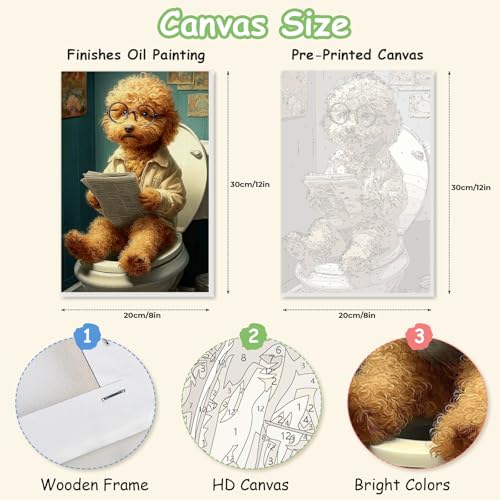 Spandrel Framed Paint by Numbers Kit for Adult, Goldendoodle Dog with Glasses Reading Newspaper on Toilet Paint by Number Kits on Canvas, DIY Acrylic Number Painting for Home Wall Decor, 8x12In - color: Poodle Reading Newspaper on Toilet