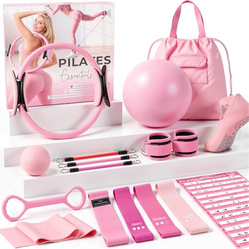 Pilates Kit, Pilates Equipment for Home Workouts, Home Pilates Essentials Kit for Women with Pilates Ring and Ball Set, Socks, Ankle Resistance Bands with Cuffs, Resistance Band and Massage Ball - color: Pink
