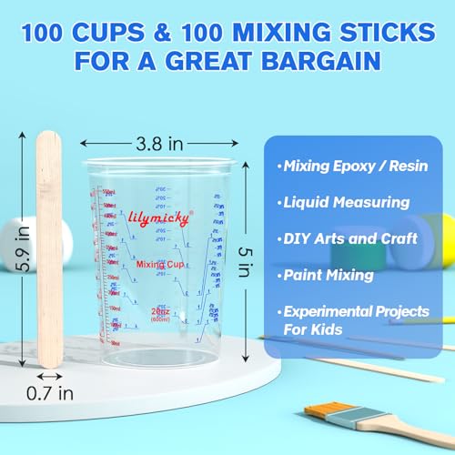 100 Pack Plastic Mixing Cups, 20 oz Measuring Cups with 100 Mixing Sticks | versatile for mixing paints, epoxy resin, alcohol inks, DIY crafts, projects, scientific experiments, disposable and no-mess
