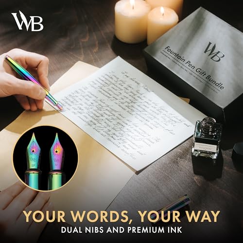 Wordsworth & Black Fountain Pen Gift Set, Medium & Extra Fine Nib, Rainbow | For Men & Women, Brass Body, 18K German Iridium, Ink Bottle + 6 Cartridges, Converter, Writing & Calligraphy, Journaling - color: Rainbow