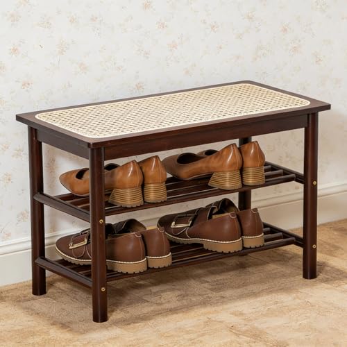 latifolia Shoe Rack Bench, 3-Tier Bamboo Shoe Bench with Breathable Rattan Seat Cushion, Shoe Storage Rack for Entryway(Walnut,23.62''L) - color: Walnut, size: 23.62''L