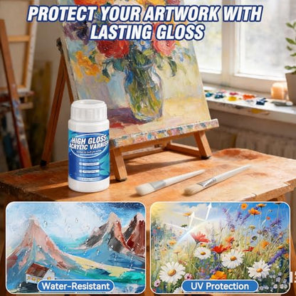 Acrylic Varnish, Gloss Varnish for Acrylic Painting, Non-Yellowing, Resists Cracking, Clear Acrylic Paint Sealer for Canvas, Wood, DIY Art, Suitable for Artists, Hobby Painters, 100ml