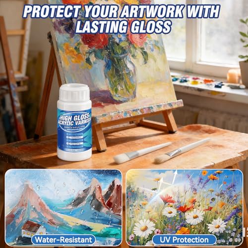 Acrylic Varnish, Gloss Varnish for Acrylic Painting, Non-Yellowing, Resists Cracking, Clear Acrylic Paint Sealer for Canvas, Wood, DIY Art, Suitable for Artists, Hobby Painters, 100ml