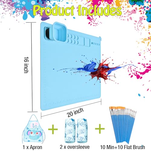 Painting Stations,Silicone Art Mat [1x Apron,1 Pair Oversleeve,20 Pieces Brushes] Painting Craft Mats 21"X17" with Detachable Cup for Resin for Kids Gift,Paint, Clay, DIY Projects - color: Blue