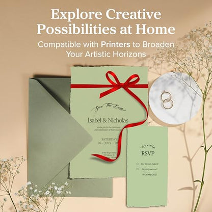 Wanderings A4 Handmade Deckled Edge Cotton Paper - Cold Pressed Texture - Paint, Watercolor, Writing, Printer - Cards, Invitations, Menus, Arts and Crafts. 50 Pack White 150 GSM - 8.3" x 11.7" - color: Green, size: A4