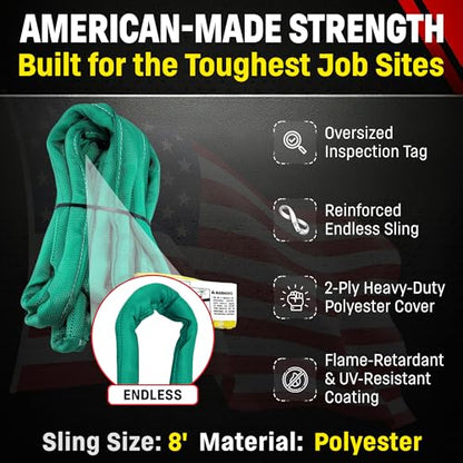 Chenango Supply VR2 8ft Green Endless Round Polyester Rigging Sling | USA Made, Double-Ply Cover, for Lifting & Material Handling, Capacity: 5,300 lb Vertical, 4,240 lb Choker, 10,600 lb Basket - size: 8 ft