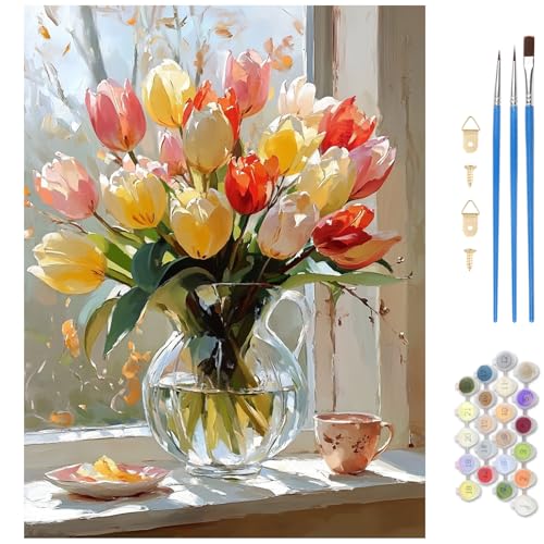 MAXBYE Flower Paint by Numbers Kit for Adults, Tulips Paint by Numbers Kits for Beginner, DIY Acrylic Color by Number on Canvas for Home Wall Decor Gift 12X16 Inch - color: Tulips