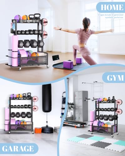 Dumbbell Rack Weight Storage Rack | Adjustable Weight Rack with Wheels, for Home Gym, for Dumbbells, Kettlebells, Yoga Mat, Foam Roller,Workout Equipment
