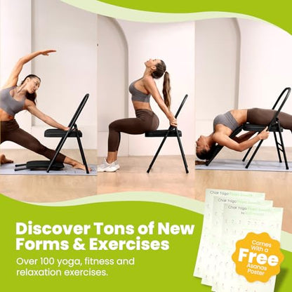 Foldable Yoga Auxiliary Chair with 3 Training Guide Posters for Versatile Exercises, Yoga Assist Handstand Chair with Detachable Lumbar Back Support for Stretching, Balance Training. (Black)