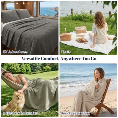 PHF Lightweight Waffle Weave Blanket Queen for Bed Light Tan 90"x90" - color: Light Tan, size: Queen(90"x90")
