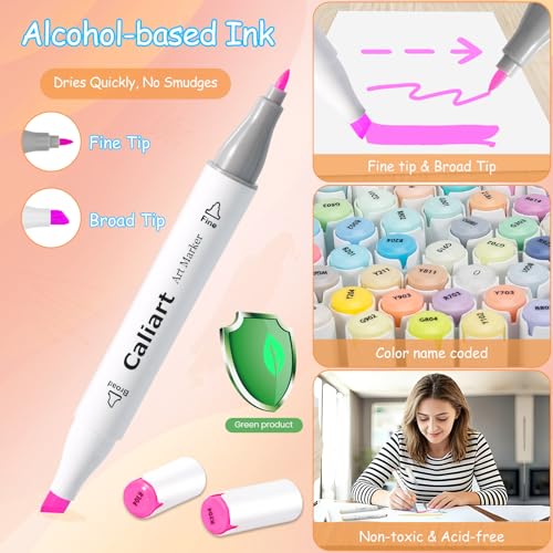 Caliart Pastel Alcohol Markers 61 Colors Fine & Chisel Dual Tip Art Markers | Coloring Markers Set with Carrying Case for Adults Coloring Book Drawing Sketching Painting Illustration - color: Pastel, size: 1 Count (Pack of 61)