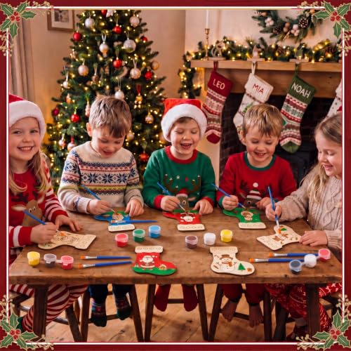 Saypacck 24 Pcs Christmas Stocking Party Favors Wooden Paint Craft Kits | Unicorn Mermaid Designs, Brushes Paints Organza Bags Included, Birthday Goodie Bag Fillers, Kids Girls Thank You Gifts - style: Christmas Stocking