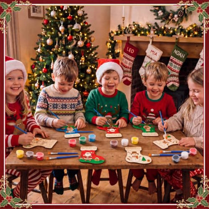 Saypacck 24 Pcs Christmas Stocking Party Favors Wooden Paint Craft Kits | Unicorn Mermaid Designs, Brushes Paints Organza Bags Included, Birthday Goodie Bag Fillers, Kids Girls Thank You Gifts - style: Christmas Stocking