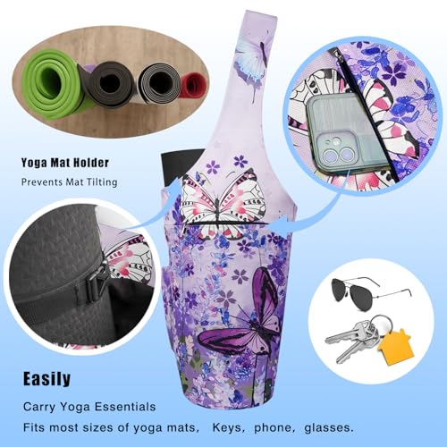Yoga Mat Bag - Large Opening Long Tote Yoga Mat Carrier Holder Bag with Waterproof Wet Zipper Pocket and Drawstring Water Bottle Pocket - Yoga Bag Fit Most Size Mats - color: Butterfly