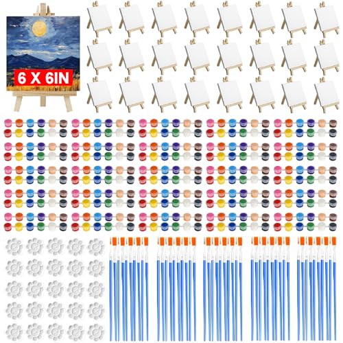 25 Pack 6 x 6 Inch Mini Canvas and Easel Set with Paint, Small Canvases for Painting with Easel Stand and 12 Colors Mini Paint Set, Bulk Students Acrylic Canvas Painting Kit for Paint Party Supplies