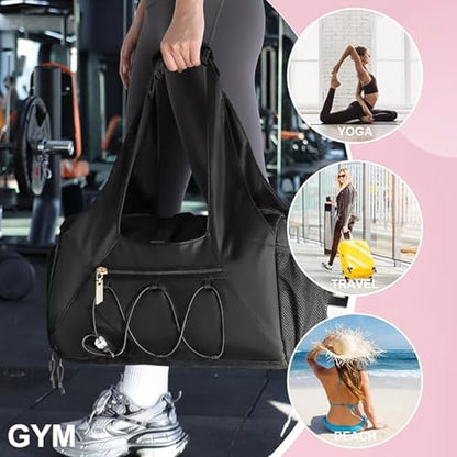 Gym Bag for Women, Yoga Mat Bag with Shoe Compartment and Wet Pocket, Sport Yoga Gym Bag with Yoga Strap, Carryall Yoga Tote Bag - color: Black