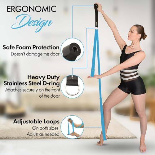 Stretching Strap with Door Anchor for Splits and Flexibility Training - color: Light Blue