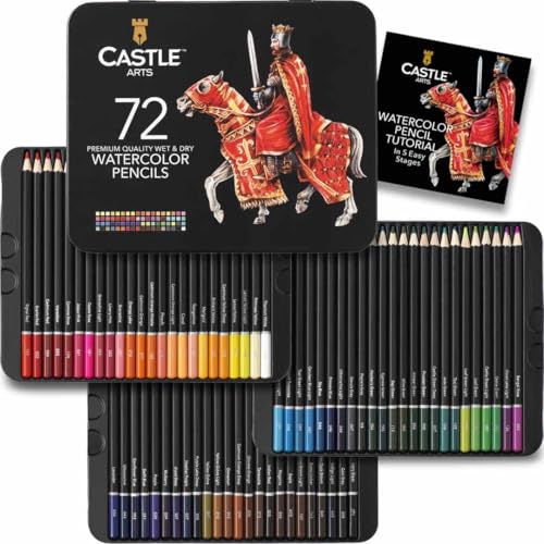Castle Art Supplies 72 Watercolor Pencils for Adults - With Tin Case | Vibrant pigments for blending, drawing, and painting - professional-grade quality - beautifully presented in a tin case