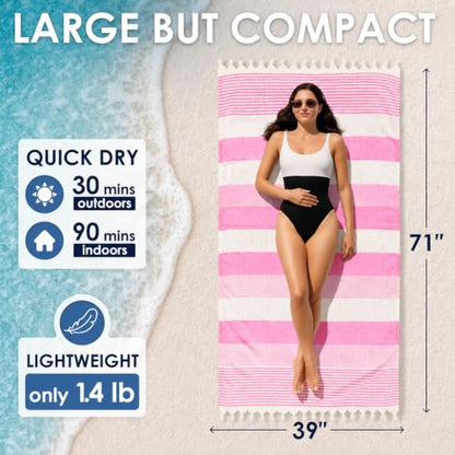 ATANI Turkish Beach Towel, Converts to a Bag, Oversized 100% Cotton Bath Towels Lightweight Quick-Dry Beach Blanket for Travel, Picnic, Camping, Yoga and Pool (Pink, 71 inc x 39 inc) - color: Pink, size: 71 inc x 39 inc