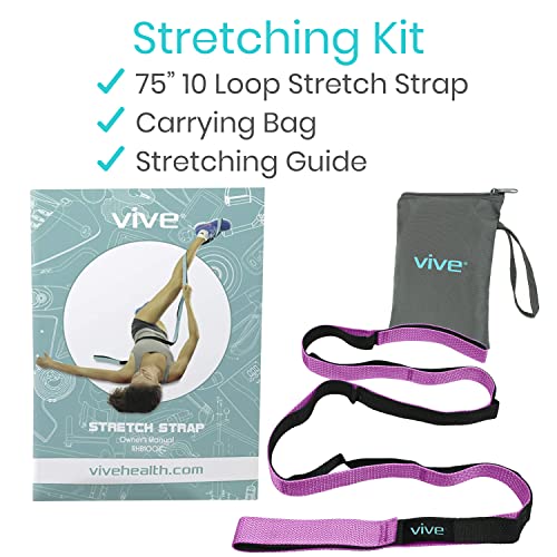 Vive Stretch Strap (75" - 10 Loops) - Leg Stretch Band to Improve Flexibility - Stretching Out Yoga Strap - Exercise and Physical Therapy Belt for Rehab, Pilates and Gymnastics with Guide Book - color: Pink